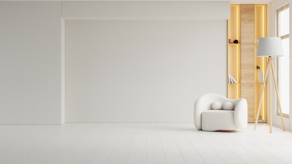 Minimalist living room interior featuring an elegant armchair and wooden shelving, highlighting the Cloud Dancer 2026 color trend with a blank wall for copy space- 3D rendering