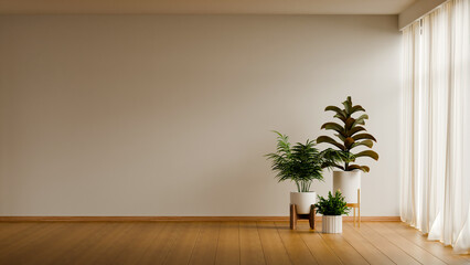 Empty wall mockup in a bright living room with tropical indoor plants and wooden floors in cloud dancer 2026 style- 3D rendering