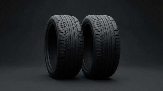 Two black tires stand upright on a dark background, showcasing their tread pattern and design for potential buyers interested in vehicle maintenance