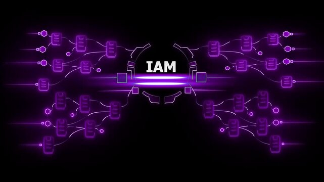 Identity and Access Management System Concept with Purple Neon Network Connections and I A M Authentication