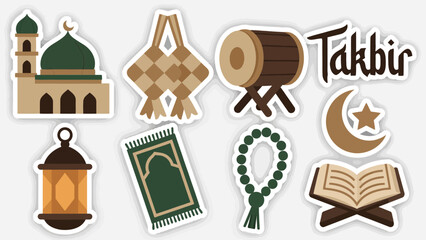 Collection of Islamic symbols for Eid Mubarak celebrations, including a mosque, drum, prayer mat, and Quran