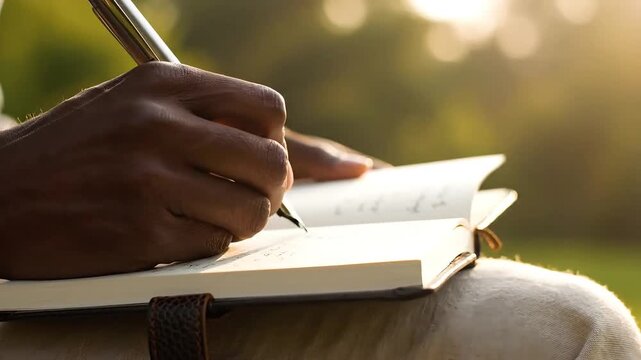 Person's hands writing in a journal outdoors bathed in warm sunlight.