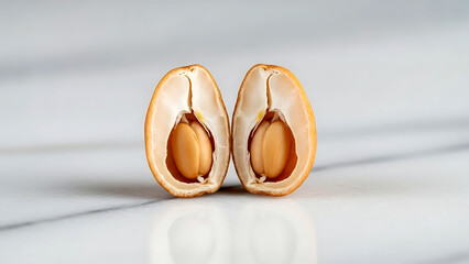 Zen meditation object of a single sesame seed split open on white marble, revealing its internal structure, perfect lighting showing every detail of the fracture