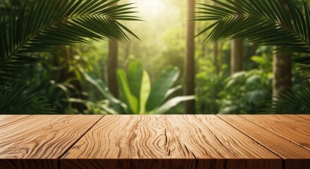 Serene tropical forest background with wooden table for product display