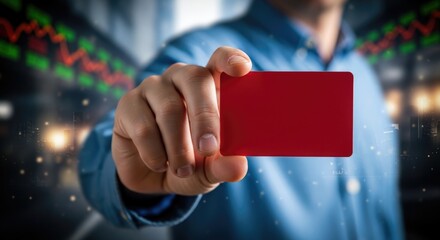 Businessman holding blank red card for presentation or branding