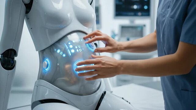 Woman doctor examines pregnant futuristic robot by touching glowing sensors on its transparent belly for medical diagnosis