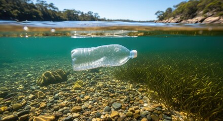 Plastic pollution in ocean with clear water and rocky seabed