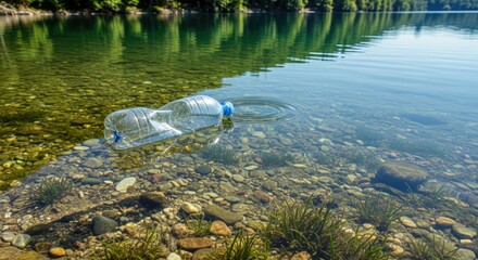 Plastic pollution in a serene lake environment with a discarded water bottle