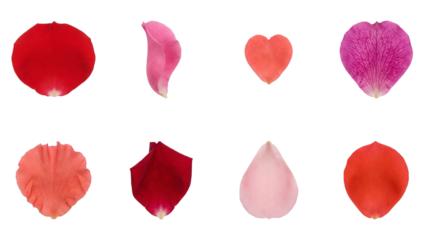 Rose petal set including various red and pink shapes, heart forms, and textures isolated. Floral elements for romantic wedding and valentines day design.
