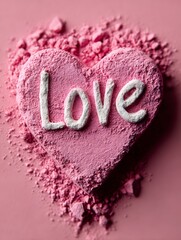 Romantic Pink Heart with Textured Love Sign.Textured pink powder heart with the word love embossed in white, surrounded by crushed powder on pastel pink background.
