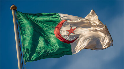 Algerian National Flag Waving in the Wind Against Clear Blue Sky, Symbol of Independence, Patriotism and National Identity