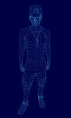 Obraz premium A 3D wireframe man in a cap, sunglasses, sneakers, and pants stands against a blue digital background.