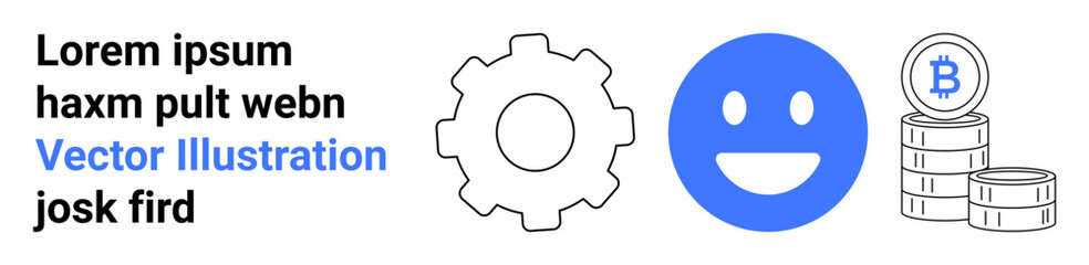 Fototapeta premium Cryptocurrency, blockchain, fintech, digital technology, innovation, web services. Blue smile icon, gear outline Bitcoin coin stack. Cryptocurrency and blockchain technology concept