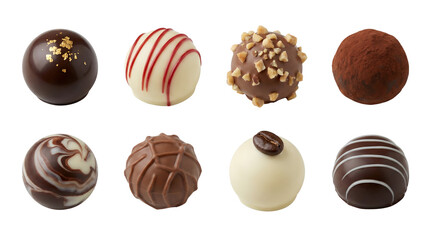 Gourmet chocolate truffle set including dark gold leaf, white raspberry, hazelnut, cocoa, and marble variants isolated. Luxury confectionery and dessert collection.