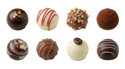 Gourmet chocolate truffle set including dark gold leaf, white raspberry, hazelnut, cocoa, and marble variants isolated. Luxury confectionery and dessert collection.