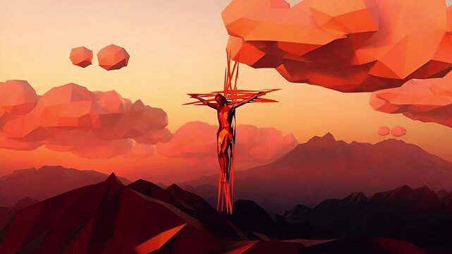 A stylized low poly illustration of a crucifixion silhouette on a mountain peak during sunset