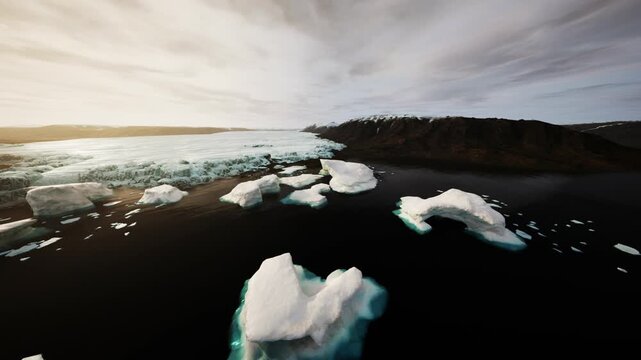 Majestic icebergs drift in serene waters adjacent to a dark, rocky coastline, while clouds linger overhead, creating a striking contrast in this remote Arctic landscape.