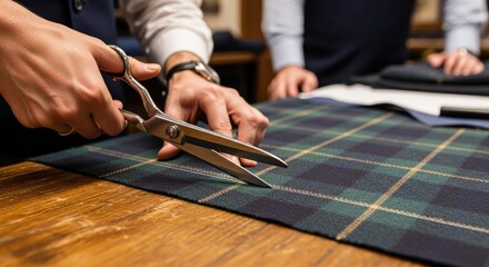 Tailor cutting tartan fabric with large scissors on wooden table