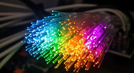 Vibrant fiber optic cables transmitting data in rainbow colors