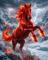 Fiery horse symbolizes power and strength for the year 2026 in a dramatic mountain setting with stormy weather