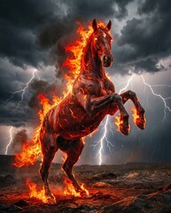 Fiery horse symbolizes energy and strength for the year 2026 with flames and lightning in a dramatic landscape