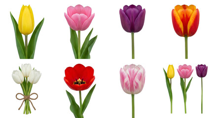 Tulip flower set including yellow, pink, purple, orange, red, and white varieties isolated. Floral collection for spring gardening and florist design.