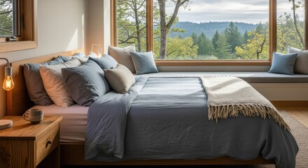 Cozy bedroom with forest view and comfortable bedding