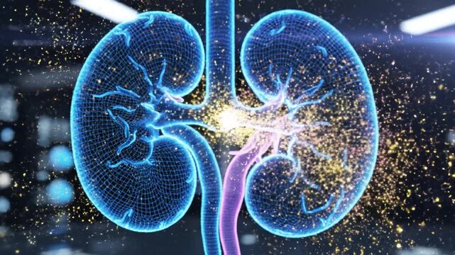Glowing digital kidney anatomy with highlighted renal artery and vein, hollow paired kidney visualization showing nephron filtration and tubular structures, illuminated ureter and glomerulus