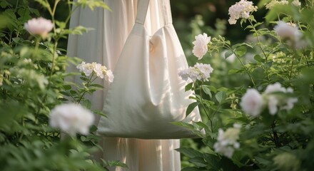 Elegant white hammock nestled among lush greenery and blooming flowers