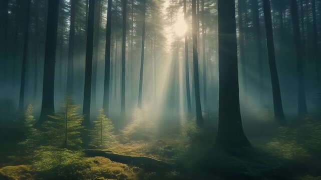 A serene forest scene with sun rays peeking through the trees, displaying a green screen on a laptop in a dark studio