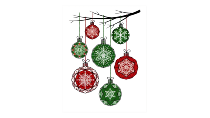 Christmas ornaments hanging from a bare tree branch with red and green baubles featuring intricate snowflake designs on transparent background. on transparent background