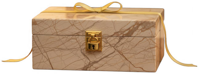 Rectangular beige marble luxury keepsake box secured with a golden padlock and ribbon bow
