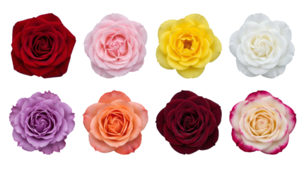 Rose flower head set including red, pink, yellow, white, purple, orange, burgundy, and tipped varieties isolated. Floral collection for wedding decor and botanical design.