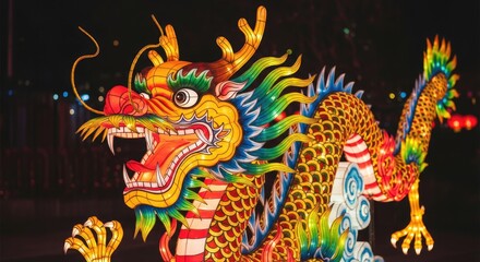 Vibrant dragon lantern at night festival with colorful lights