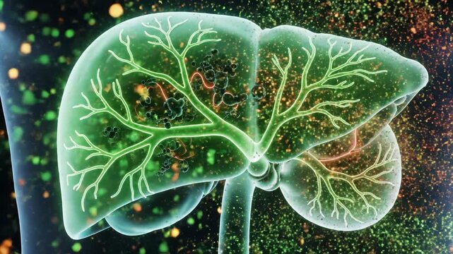 Healthy human liver organ anatomy with translucent glowing bile duct and branching vascular vessel tree transparent liver cross section illustrating illuminated bile duct network, microscopic