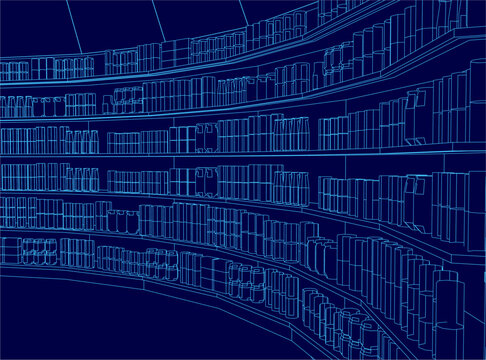 A blueprint of a well-stocked library features orderly bookshelves filled with books, resembling a shop layout with counters and goods.