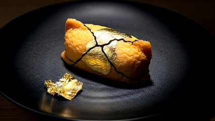 still life, Black and gold illusion a piece of inari sushi (fried tofu) on a black plate, its golden color mimicking a kintsugi repair from afar, with a real gold leaf flake beside it 