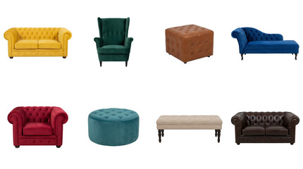 Chesterfield furniture set including velvet sofas, wingback chair, leather ottoman, chaise longue, and tufted bench isolated. Classic home interior upholstery collection.