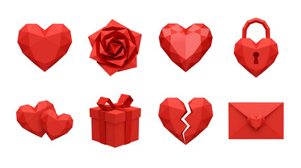 Red polygonal heart set including rose, lock, gift, broken shape, and envelope isolated. Low poly romantic icons and valentine symbols collection.