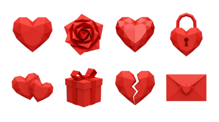 Red polygonal heart set including rose, lock, gift, broken shape, and envelope isolated. Low poly romantic icons and valentine symbols collection.