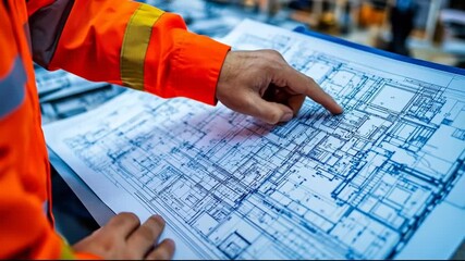 A construction worker points at a detailed blueprint design.