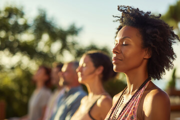 People at a wellness retreat. Meditation Workshops, Healthy Eating, Nature Walks, Spa Treatments, Mindfulness Practices