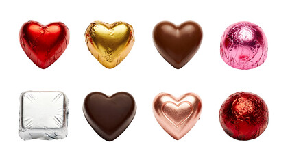 Chocolate candy set including heart and ball shapes wrapped in red gold pink silver and copper foil isolated. Valentine gift and sweet confectionery collection.