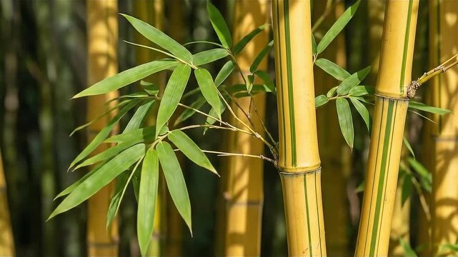 Close up view of golden yellow Bambusa Vulgaris bamboo stems and green leaves in natural garden grove background