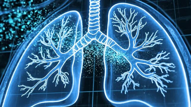 Glowing digital medical illustration of human lung anatomy with bronchial tree and airway branching, pulmonary respiratory system anatomy showing trachea bronchi particulate deposition