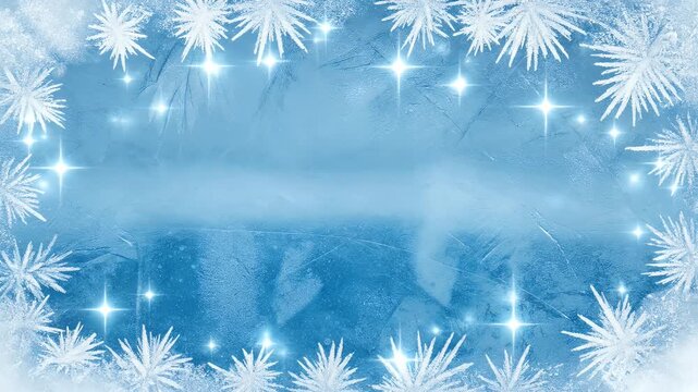 Festive blue winter frame with snowflakes and bright sparkles