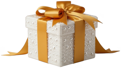 Jeweled white gift box covered in pearls with gold bow