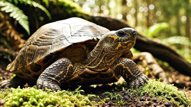 Close up view of wild turtle head cautiously peeking out from under its protective shell in natural forest environment