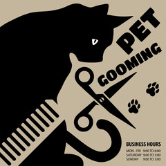 Pet Grooming Salon Poster with Cat Silhouette and Scissors