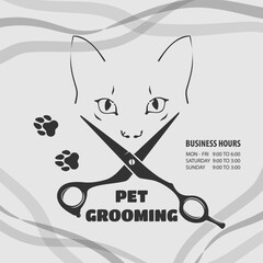 Pet Grooming Salon Poster with Cat Silhouette and Scissors